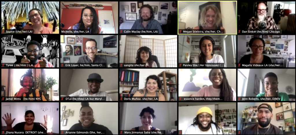 screenshot of Zoom gallery view showing civic media fellows and staff meeting virtually for the first time